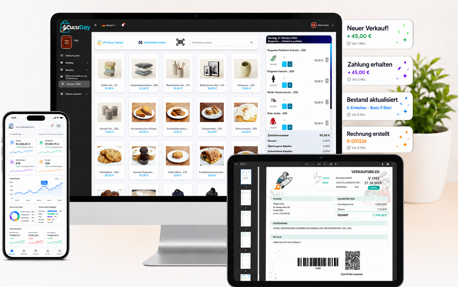 Dashboard, Telefon, Tablet, Benachrichtigungen und Pflanze