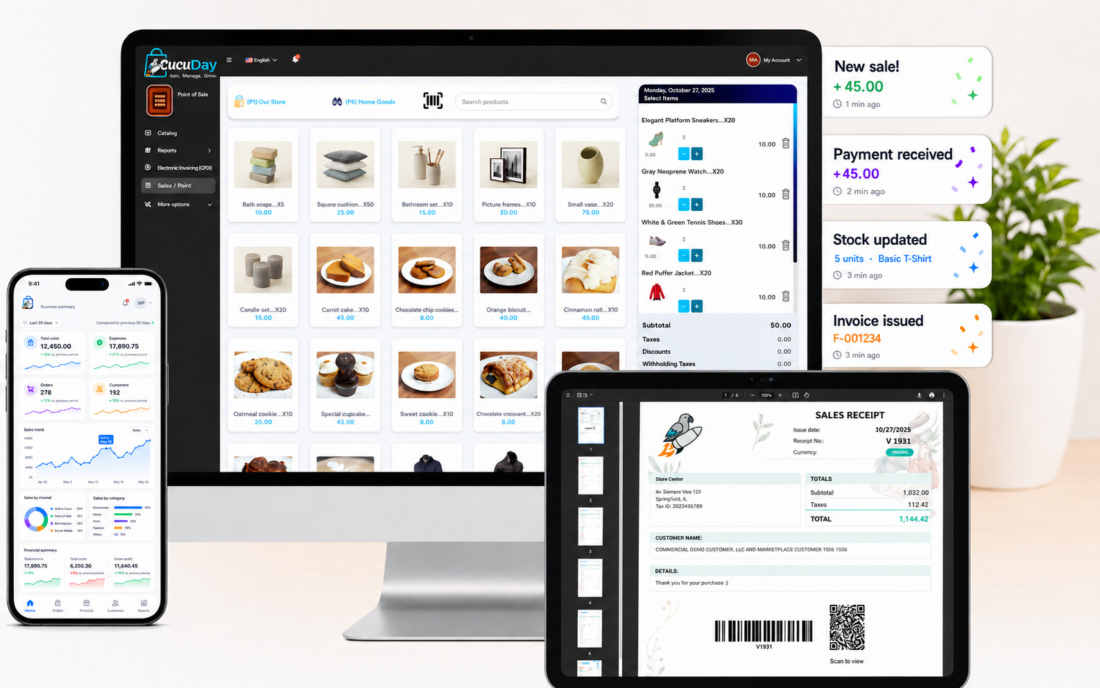 Dashboard, telefon, tablet, oznámení a rostlina