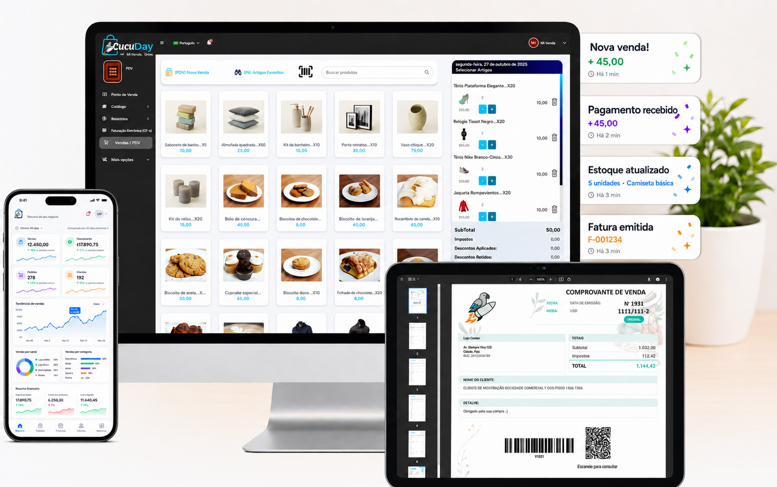 Dashboard, telefone, tablet, notificações e planta